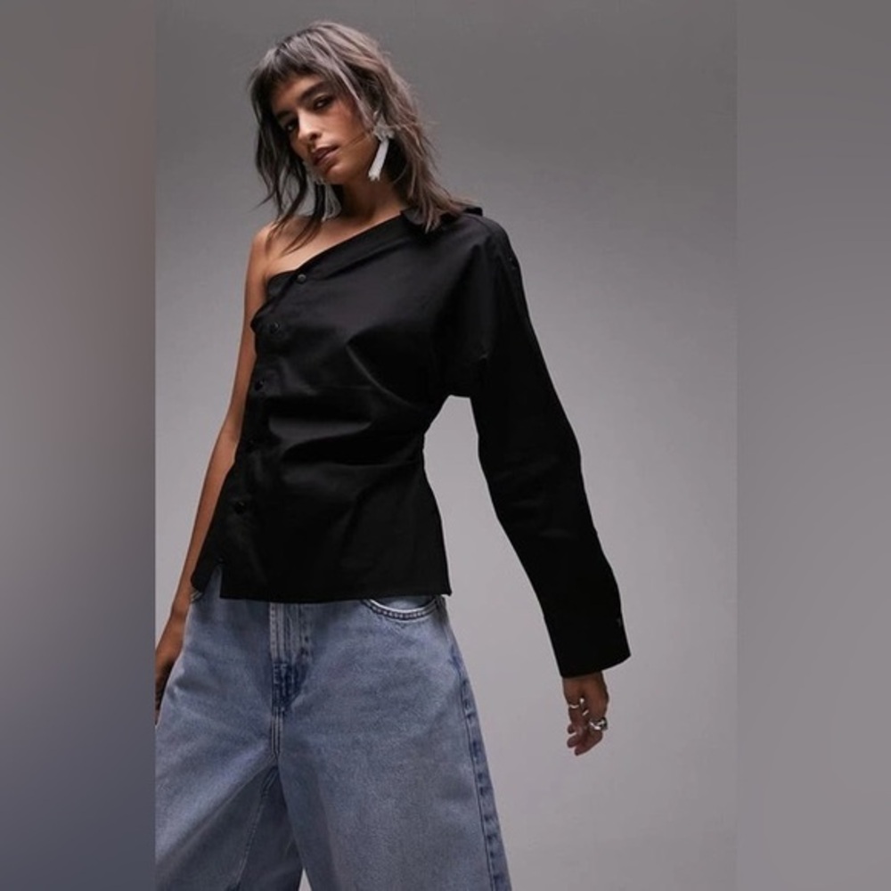 NWT Nordstrom POPLIN ONE SHOULDER SHIRT IN BLACK size 10